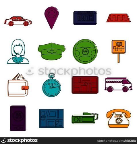 Taxi icons set. Doodle illustration of vector icons isolated on white background for any web design. Taxi icons doodle set