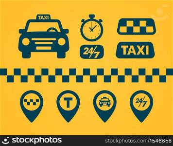 Taxi icons set. Flat style dark icons on yellow background. Map pin with taxi car, checks, map pins, timer signs. Taxi service banner elements. Vector illustration. Taxi icons set. Flat style dark icons on yellow background. Map pin with taxi car, checks, map pins, timer signs. Taxi service banner elements.