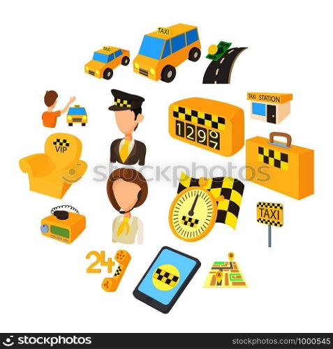 Taxi icons set in cartoon style isolated on white background. Taxi icons set, cartoon style