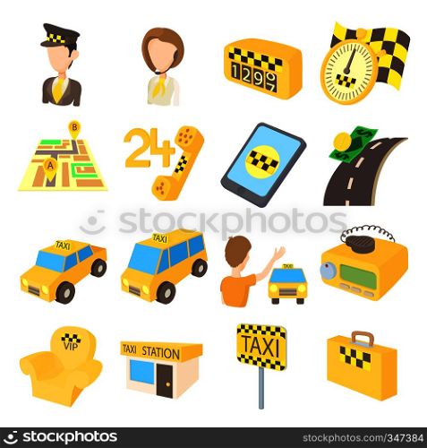 Taxi icons set in cartoon style isolated on white background. Taxi icons set, cartoon style