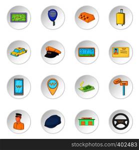 Taxi icons set in white circle isolated on white background. Cartoon vector illustration. Taxi icons set