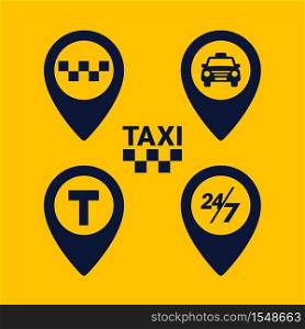 Taxi icons set. Map pin shape icons on yellow background. Taxi point glyph icon. Flat vector illustration.. Taxi icons set. Map pin shape icons on yellow background. Taxi point glyph icon. Flat vector illustration