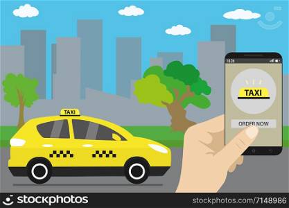 Taxi in the street of a modern city,taxi service app on mobile screen,flat vector illustration. Taxi in the street of a modern city,taxi service app on mobile s