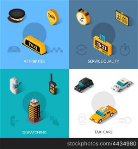 Taxi isometric 4 flat icons square . Taxi dispatching service quality startup software system 4 isometric icons composition poster with abstract isolated vector illustration