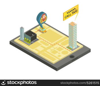 Taxi Mobile Service Isometric Illustration. Taxi mobile service composition with houses city map and car driver on screen gadget isometric vector illustration