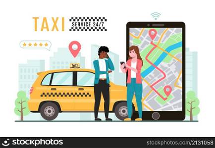 Taxi online service. Calling car via mobile app, people waiting city transport, gps route tracking, man and woman use gadget, city map on huge smartphone screen, vector cartoon flat isolated concept. Taxi online service. Calling car via mobile app, people waiting city transport, gps route tracking, man and woman use gadget, city map on huge smartphone screen, vector isolated concept