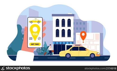 Taxi order online. Smartphone app hand holding telephone and press button to call taxi application. Tourist and yellow car vector concept. Illustration application online, service taxi smartphone. Taxi order online. Smartphone app hand holding telephone and press button to call taxi application. Tourist and yellow car vector concept