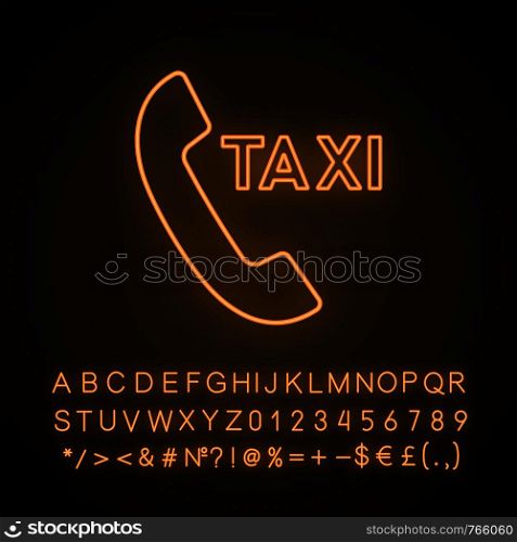 Taxi ordering callback neon light icon. Call taxi. Car hiring call. Glowing sign with alphabet, numbers and symbols. Vector isolated illustration. Taxi ordering callback neon light icon