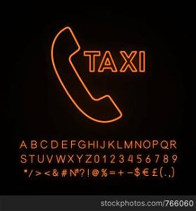 Taxi ordering callback neon light icon. Call taxi. Car hiring call. Glowing sign with alphabet, numbers and symbols. Vector isolated illustration. Taxi ordering callback neon light icon