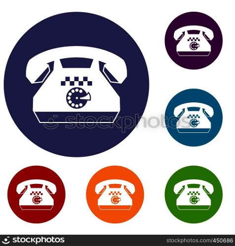 Taxi phone icons set in flat circle reb, blue and green color for web. Taxi phone icons set