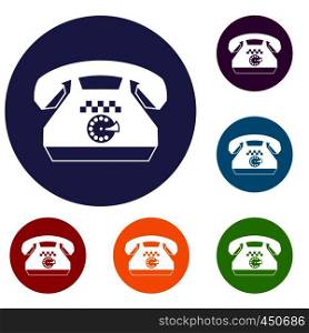 Taxi phone icons set in flat circle reb, blue and green color for web. Taxi phone icons set