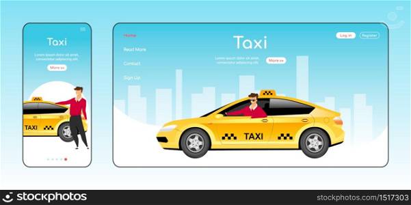 Taxi responsive landing page flat color vector template. Car order service homepage layout. One page website UI with cartoon character. Express cab delivery adaptive webpage cross platform design