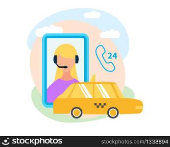 Taxi Service around-The-Clock Call Center, Mobile Application Flat Vector Icon Isolated on White Background. Yellow Cab Car, Helpdesk Female Operator with Headset on Smartphone Screen Illustration