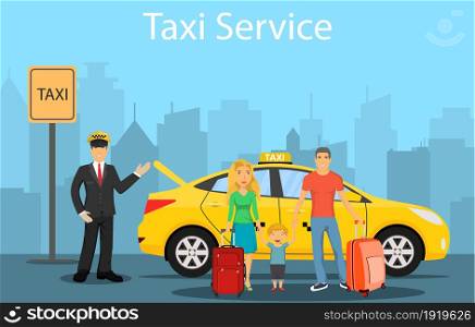Taxi service background the city. Man and woman with luggage vector illustration in flat design.. Taxi driver. yellow taxi
