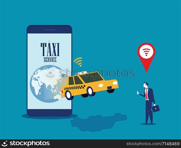 Taxi service. Businessman call taxi with mobile app. Concept business smartphone vector illustration.