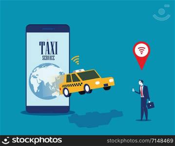 Taxi service. Businessman call taxi with mobile app. Concept business smartphone vector illustration.