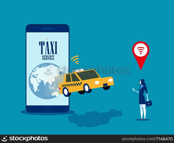 Taxi service. Businesswoman call taxi with mobile app. Concept business smartphone vector illustration.