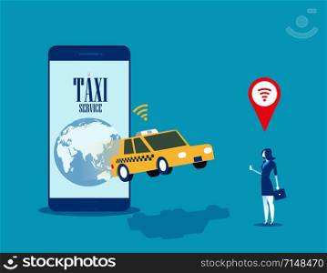 Taxi service. Businesswoman call taxi with mobile app. Concept business smartphone vector illustration.