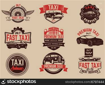 Taxi service labels and emblems template. Taxi service. Design elements for logo, label, emblem, sign, badge.