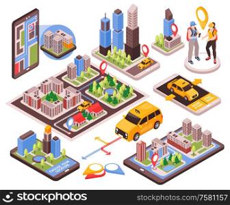 Taxi service navigation system isometric elements set with 3d map customers yellow car smartphone isometric vector illustration