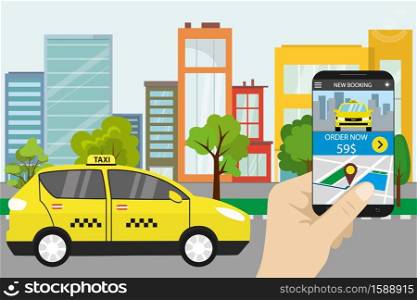 Taxi service on City street,taxi mobile app,outdoor flat vector illustration. Taxi service on City street,taxi mobile app