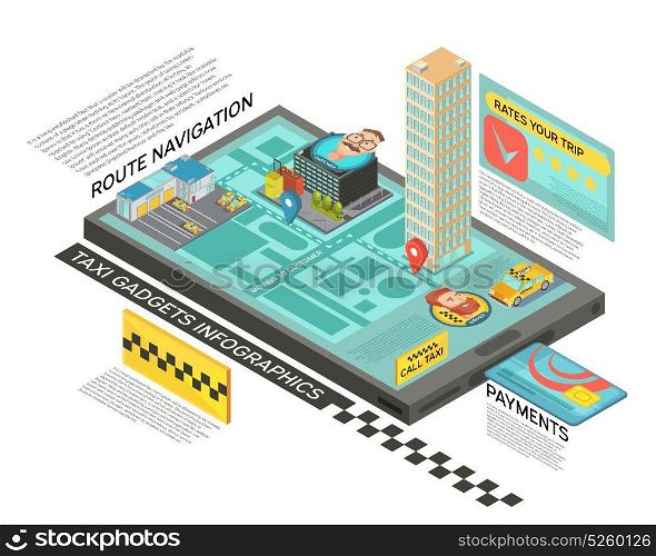 Taxi Service Online Isometric Infographics. Taxi service online isometric infographics with route navigation on screen of gadget, payment and rating vector illustration