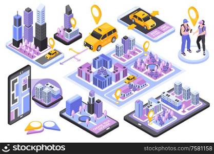 Taxi transfer booking service isometric set with smartphone navigation app 3d map customers yellow car vector illustration