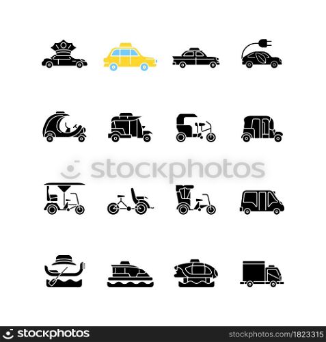 Taxi types black glyph icons set on white space. Transporting clients. Taxicab vehicle. Cycle rickshaw. Urban transport. Travel service. Silhouette symbols. Vector isolated illustration. Taxi types black glyph icons set on white space