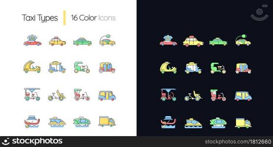 Taxi types light and dark theme RGB color icons set. Transporting clients. Taxicab vehicle. Cycle rickshaw. Isolated vector illustrations on white and black space. Simple filled line drawings pack. Taxi types light and dark theme RGB color icons set
