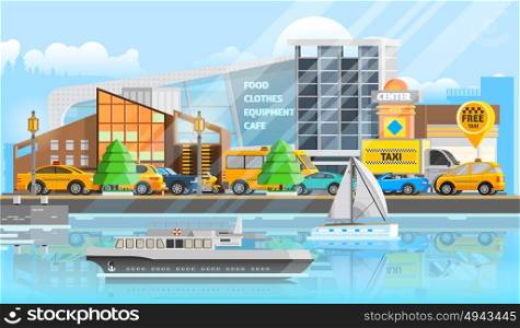 Taxi Vehicles Template. Taxi vehicles template with traffic of cars automobiles ship yacht and bus in flat style vector illustration