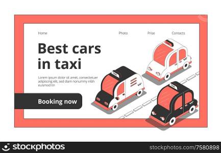 Taxi web page isometric website landing background with images of cab cars clickable links and text vector illustration