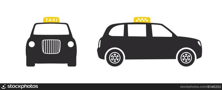 Taxicab. Taxi service banner elements. Taxi car front and side view. Vector icons
