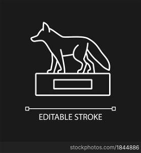 Taxidermy white linear icon for dark theme. Stuffing wild dead animals. Animal body display. Thin line customizable illustration. Isolated vector contour symbol for night mode. Editable stroke. Taxidermy white linear icon for dark theme