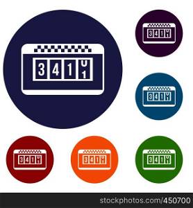 Taximeter icons set in flat circle reb, blue and green color for web. Taximeter icons set