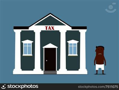 Taxpayer, tax time and bankruptcy concept. Bankrupt dark skinned businessman lost all money after taxes. Vector. Businessman turned bankrupt after taxes