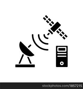 TCP over satellite black glyph icon. Transmission Control Protocol standarts. Global telecommunications network connection. Silhouette symbol on white space. Vector isolated illustration. TCP over satellite black glyph icon