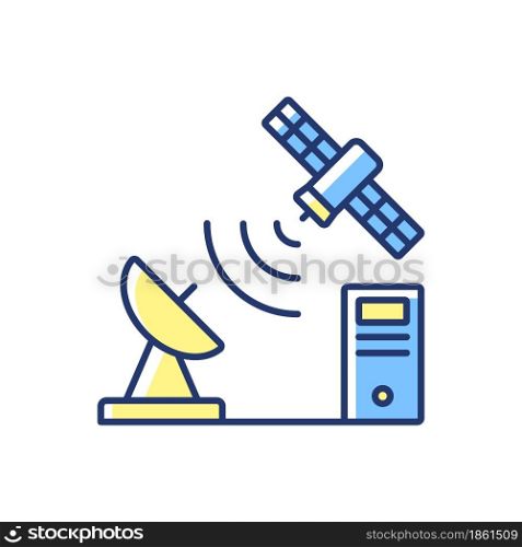 TCP over satellite blue, yellow RGB color icon. Transmission Control Protocol. Telecommunications network. Thin line customizable illustration. Isolated vector illustration. Simple filled line drawing. TCP over satellite blue, yellow RGB color icon