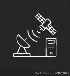 TCP over satellite chalk white icon on dark background. Transmission Control Protocol standarts. Global telecommunications network connection. Isolated vector chalkboard illustration on black. TCP over satellite chalk white icon on dark background