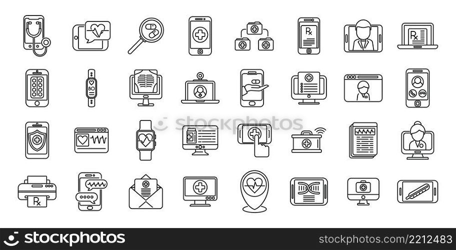 Te≤medici≠icons set outli≠vector. Remote doctor. App screen. Te≤medici≠icons set outli≠vector. Remote doctor