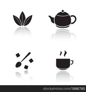 Tea accessories drop shadow icons set. Tea leaves and teapot cast shadow silhouettes illustrations isolated on white. Steaming teacup and spoon with sugar cubes. Vector infographics elements. Tea accessories drop shadow icons set