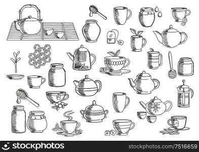 Tea and beverages hand drawn icons set with cups and mugs with fresh tea leaves, sugar cubes and tea bags, oriental tea sets, retro ceramic teapots and modern glass pots with plunger and infuser, jars of natural honey with dippers. Food and drinks theme. Tea and beverages hand drawn objects