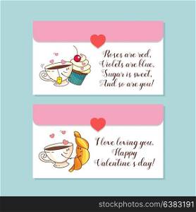 Tea and cake, coffee and a croissant. Little envelopes, postcards. Vector greeting cards about love. With Valentine&rsquo;s day. Cute cartoon concept about love.