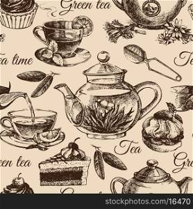 Tea and cake seamless pattern. Hand drawn sketch illustration. Menu design