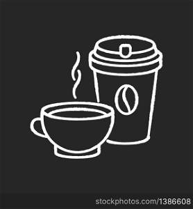 Tea and coffee chalk white icon on black background. Coffee in disposable cup for takeaway. Aromatic black tea in mug. Espresso to drink in cafe. Isolated vector chalkboard illustration. Tea and coffee chalk white icon on black background
