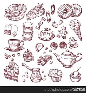 Tea and coffee different elements. Sweets, cupcakes. Hand drawn vector illustration. Sweet cupcake and dessert to tea. Tea and coffee different elements. Sweets, cupcakes. Hand drawn vector illustrations