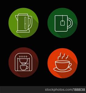 Tea and coffee flat linear long shadow icons set. Electric kettle, coffee machine and steaming cup on plate with teabag symbols. Outline logo concepts. Vector line art illustrations. Tea and coffee flat linear long shadow icons set