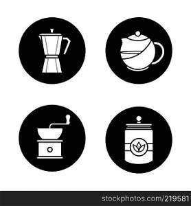 Tea and coffee icons set. Brewing teapot, classic coffee maker, vintage grinder, tea jar. Vector white silhouettes illustrations in black circles. Tea and coffee icons set