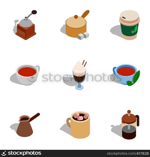 Tea and coffee icons set. Isometric 3d illustration of 9 tea and coffee vector icons for web. Tea and coffee icons, isometric 3d style