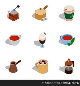 Tea and coffee icons set. Isometric 3d illustration of 9 tea and coffee vector icons for web. Tea and coffee icons, isometric 3d style