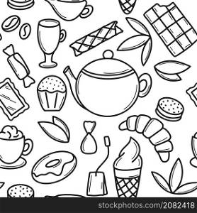 Tea and coffee seamless pattern vector illustration. Sweets, muffins and sweets. Morning tea party background. Template for wallpaper, fabric and packaging. Tea and coffee seamless pattern vector illustration